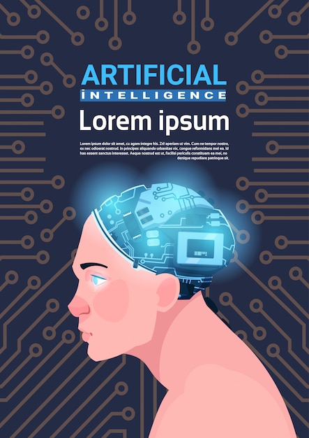 Testa maschio con l'insegna di verticale del fondo della scheda madre del cervello del circuito integrato moderno del cyborg