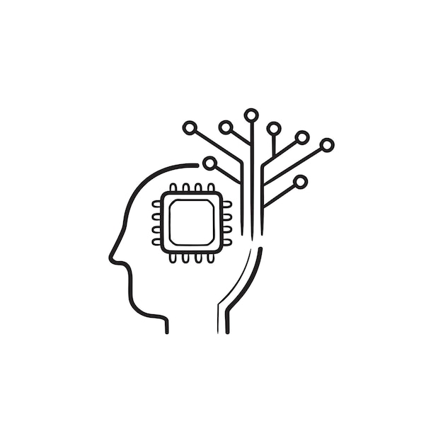 Testa umana con chip, icona di doodle del contorno disegnato a mano del circuito. Cervello di intelligenza artificiale, concetto di processore