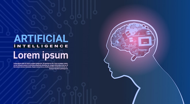 Testa umana con il fondo moderno della scheda madre del circuito del meccanismo del cervello del cyborg