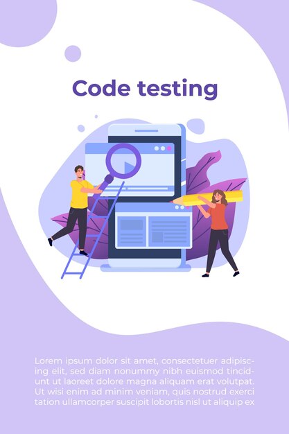 Tester dell'app. Concetto di test di software o applicazioni. Debug del processo di sviluppo. Illustrazione vettoriale.