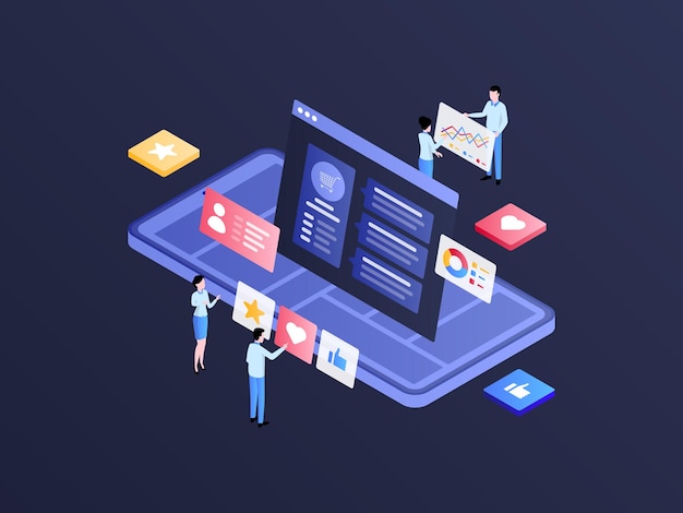 Testimonianza Illustrazione isometrica mobile Gradiente scuro Adatto per applicazioni mobili Sito Web Banner Diagrammi Infografica e altre risorse grafiche