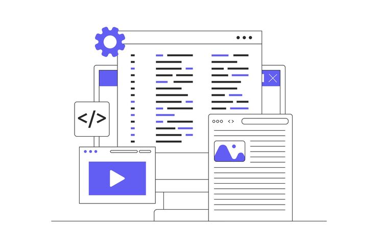 Vettore testing web design user interface prototypes on local servers website development coding computer