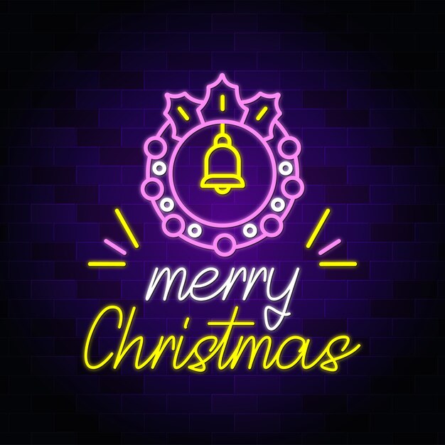 Testo al neon di buon Natale con ghirlanda di Natale e campana