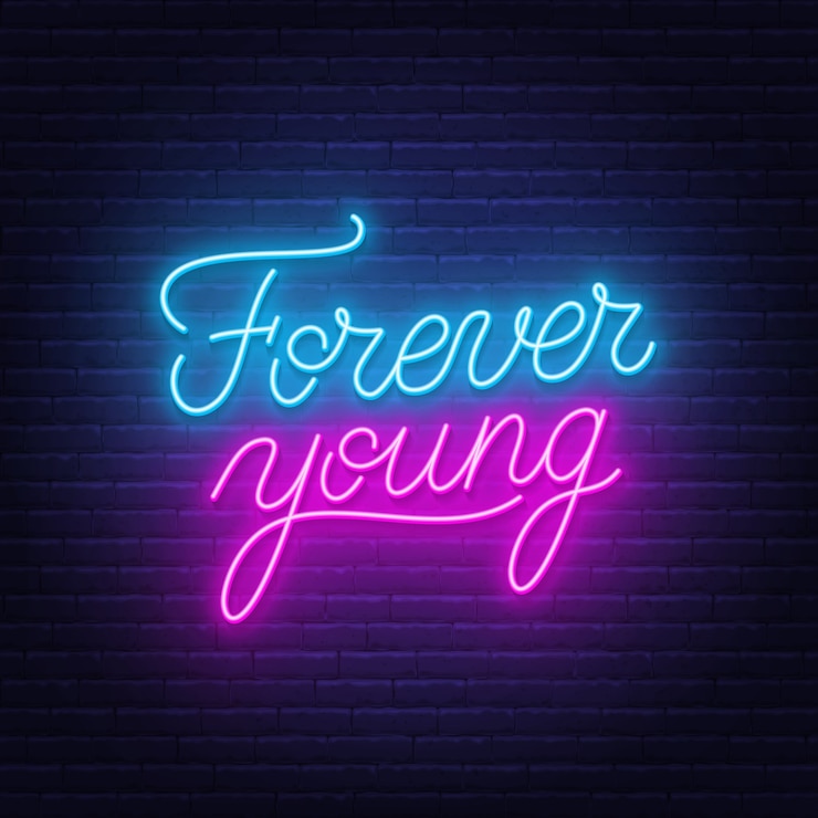 Vettore testo al neon per sempre giovane. lettering citazione motivazionale.