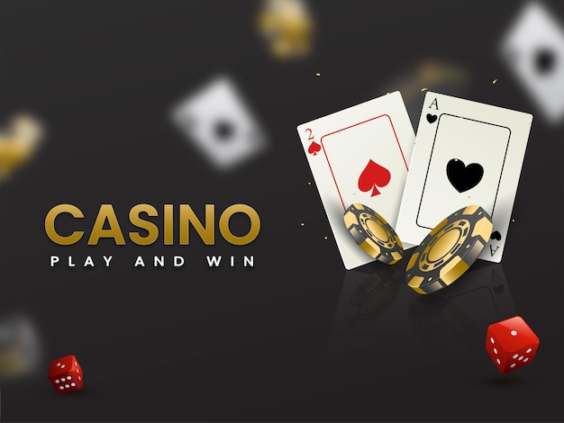 Testo d'oro del casinò con fiches da poker 3D, carte asso e dadi su sfondo nero sfocato.