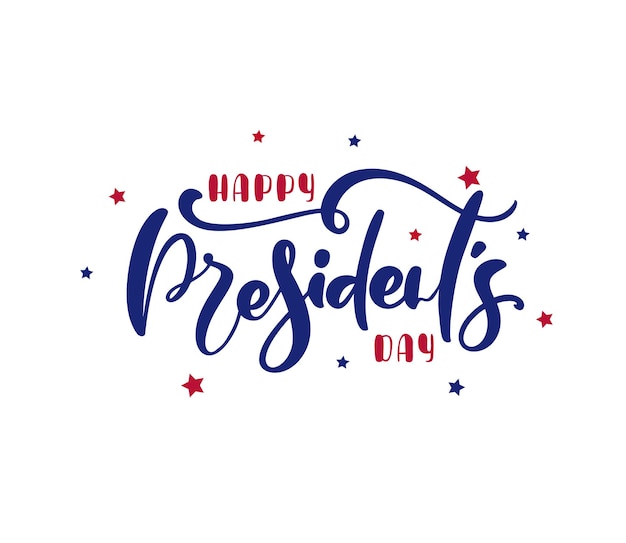 Testo del logo Happy Presidents Day USA con stelle e nastro. Illustrazione di vettore Iscrizione disegnata a mano Design calligrafico.