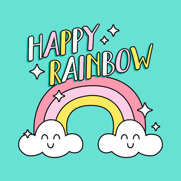 testo dell'arcobaleno felice con le nuvole