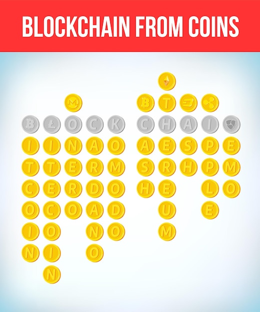 Testo della catena di blocchi composto da diverse monete di criptovaluta Simbolo valuta digitale