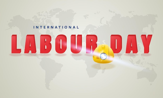 Testo della Giornata Mondiale del Lavoro con casco duro sullo sfondo della mappa del mondo Illustrazione vettoriale