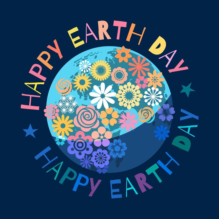 Testo di saluto del manifesto di Happy Earth Day scritto intorno al globo del fumetto coperto di fiori