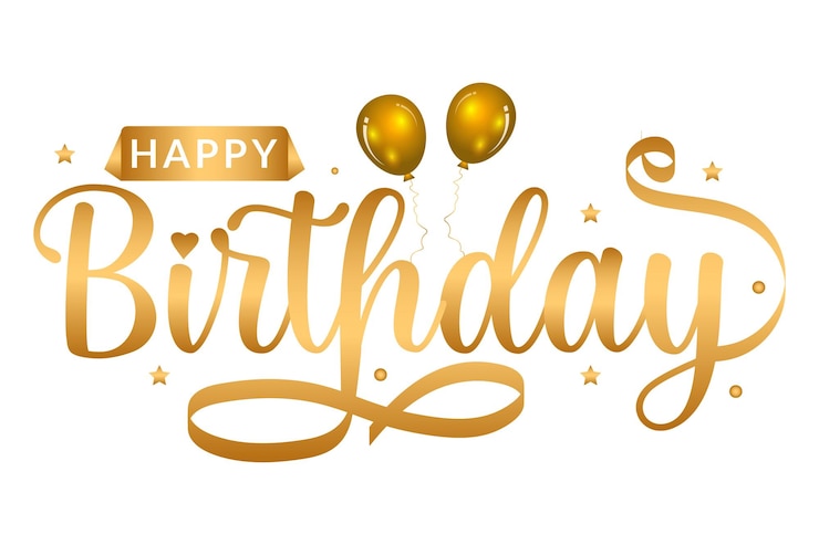 Vettore testo dorato di buon compleanno con l'illustrazione dei coriandoli del cuore del palloncino