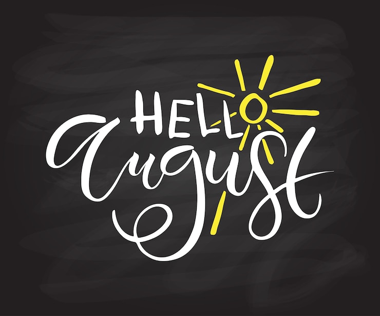 Vettore testo hello august abbozzato a mano come badge logo e icona hello august cartolina invito