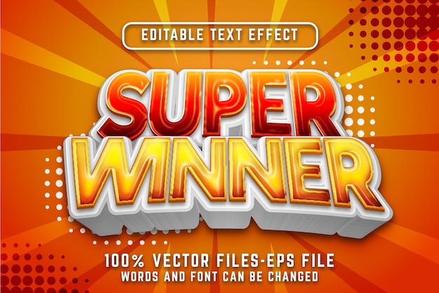 Testo in stile cartone animato 3d super vincitore. effetti di testo modificabili vettori premium