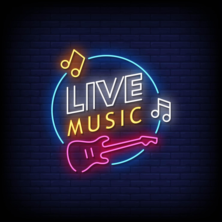 Vettore testo in stile insegne al neon di musica dal vivo
