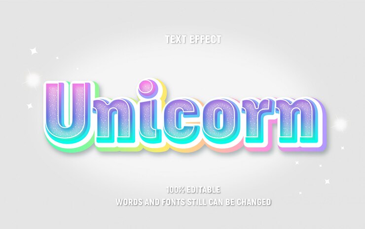 Testo modificabile colorato arcobaleno sull'unicorno con effetto sparkle.