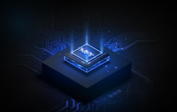 Vettore testo nft token sul chip cpu con sfondo del circuito digitale il concetto di nft diventa più popolare e noto prodotto dalla tecnologia della criptovaluta