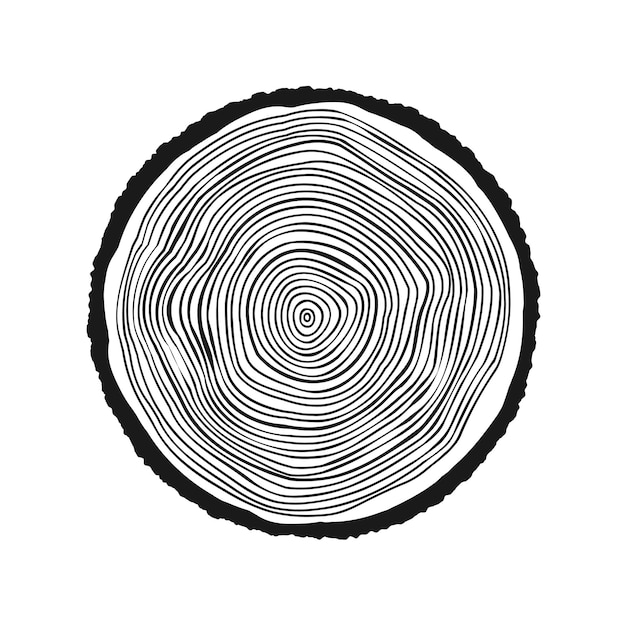 Testo rotondo di tronco di albero tagliato a sega, fetta di pino o quercia, legno tagliato a serra, consistenza in legno con anelli di albero, schizzo disegnato a mano, illustrazione vettoriale