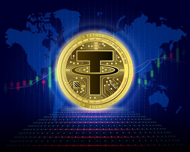 TETHER USDT moneta oro criptovaluta blockchain alternativa alla valuta digitale con grafico delle azioni di crescita