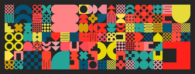 Texture geometriche con forme semplici simboli colorati elementi primitivi e forme design retro