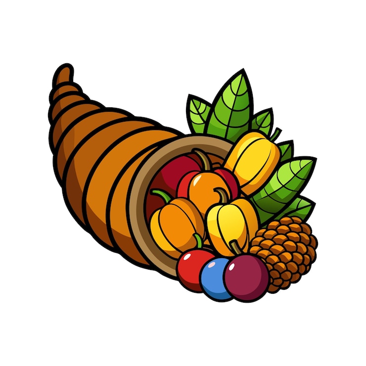 Vettore thanksgiving cornucopia vector clipart illustrazione del raccolto e dell'abbondanza
