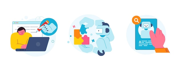 The Age of AI Intelligence Meets Technology Illustrazione del concetto di business con persone e icone Un robot che annota i risultati della ricerca e un robot che mette insieme i puzzle