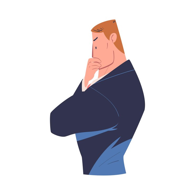 Vettore thoughtful businessman strong muscular boss character in blue suit thinking and creating new idea cartoon vector illustration