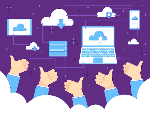 Thumbs up feedback. cloud computing e backup. Uomo d'affari con pollice in alto gesti. Concetto di affari di lavoro di squadra