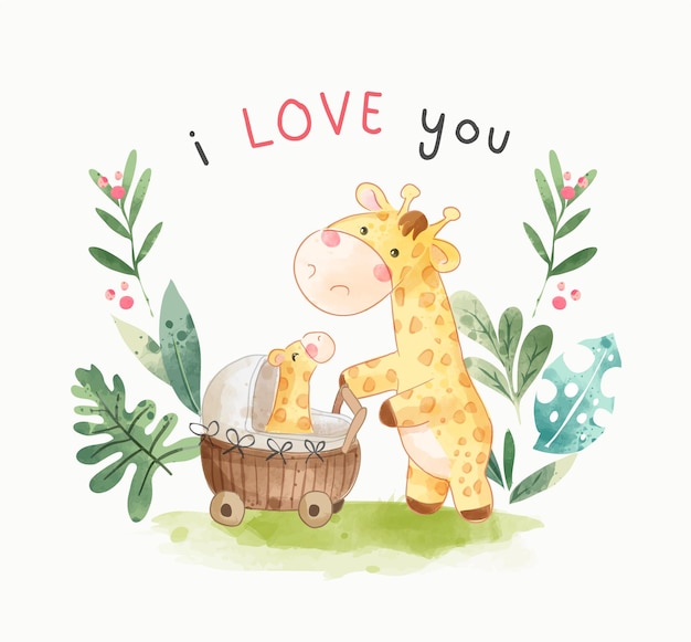 Ti amo slogan con simpatica illustrazione di giraffa padre e figlio