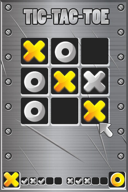 TicTacToe gioco di interfaccia utente in stile metallo con freccia del cursore gioco di logica di tavolo per lo sviluppo di giochi mobili UIVector gioco di strategia di cartoni animati zero e croci