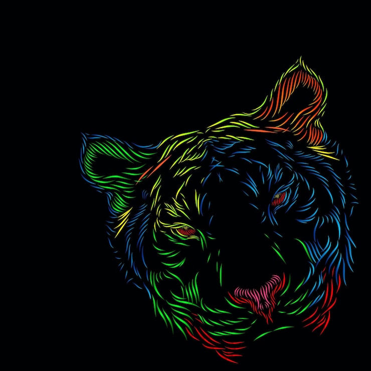 Vettore tiger head face line pop art portrait logo colorato con sfondo scuro
