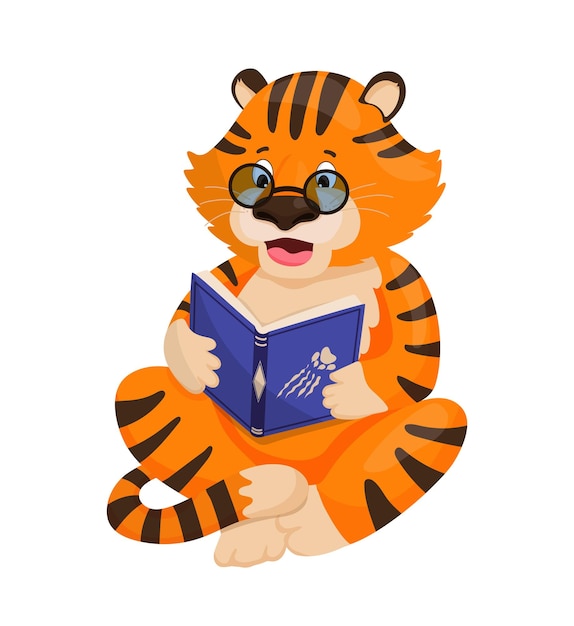 Tigre che legge un libro con gli occhiali seduto a gambe incrociate