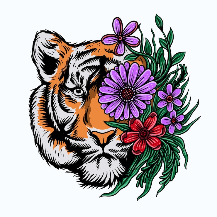 Vettore tigre faccia disegnata a mano con fiore