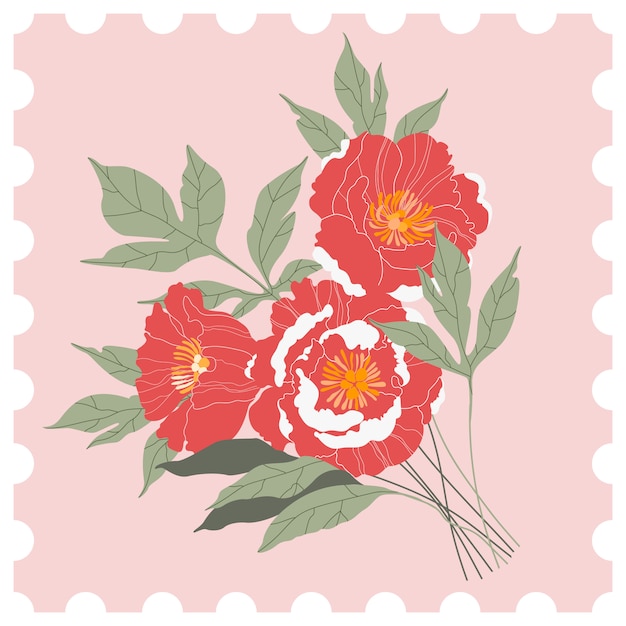 Timbro postale floreale. Mazzo rosa e rosso della peonia su un fondo rosa. Cartolina d'auguri disegnata a mano nello stile di un timbro postale. Illustrazione moderna per il web e la stampa.