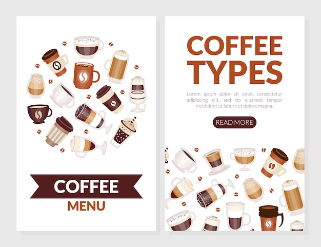 Tipi di caffè versati in tazza e tazza Modello di copertina per schede vettoriali