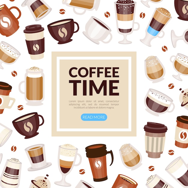 Tipi di caffè versati in tazza e tazza modello di copertina quadrata vettoriale