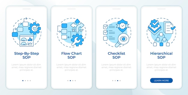 Tipi di schermata blu di onboarding dell'app mobile