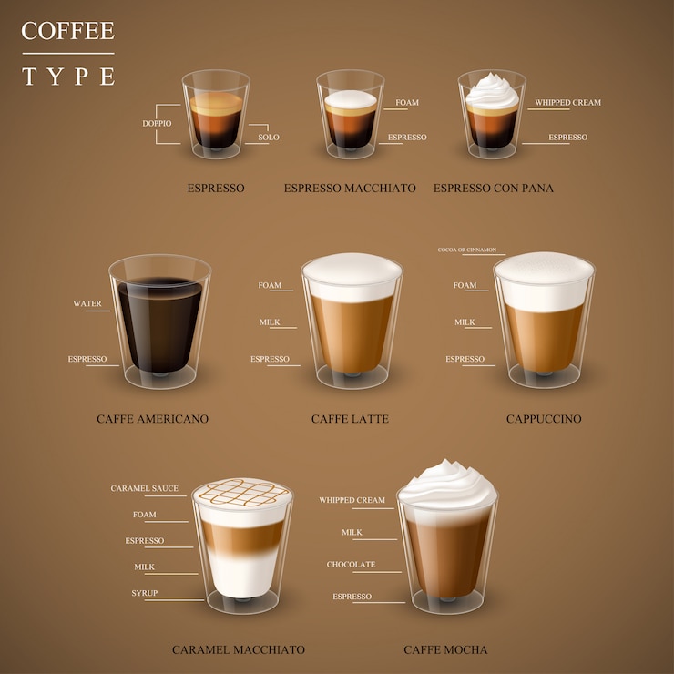 Vettore tipo realistico di caffè espresso caldo in tazza di vetro dal set di macchine per caffè espresso