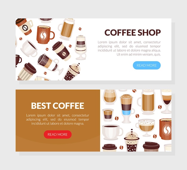 Tipologia di caffè versato in tazza e tazza Vector Landing Page Template