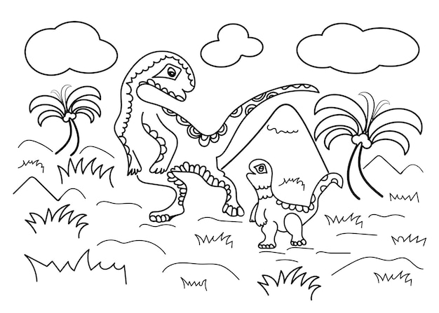 Tirannosauri grandi e piccoli simpatici paesaggi di contorno con palme per libro da colorare