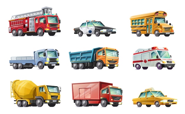 Titolo raccolta in stile cartone animato di auto vigili del fuoco, auto della polizia, scuolabus, camion, ambulanza, betoniera, taxi. Isolato