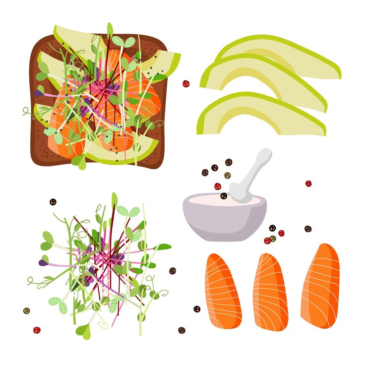 Vettore toast e ingredienti sani ricetta per uno spuntino utile con avocado salmone micro green