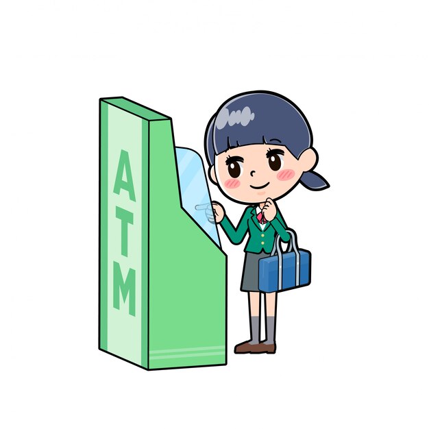 Tocco ATM verde della ragazza della scuola fuori linea
