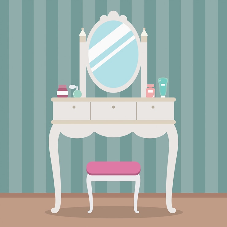 Toilette vintage con specchio, tavolo, sedia e cosmetici. Illustrazione vettoriale stile piano