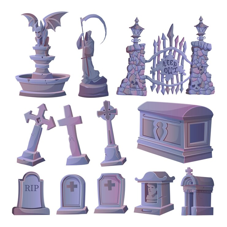 Vettore tombe e set di lapidi e monumenti nel cimitero di halloween.