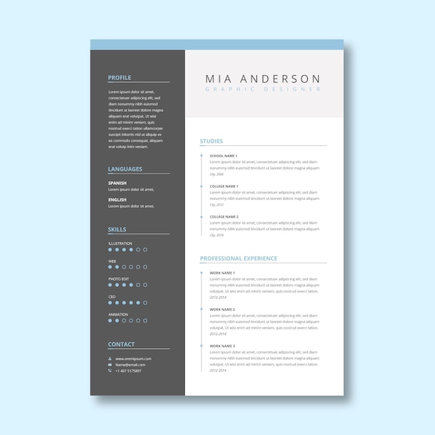 Toni del modello di curriculum vitae minimalista grigio