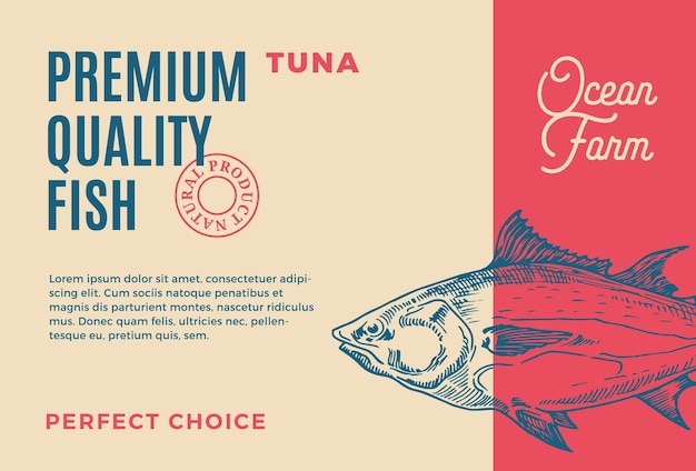 Tonno di qualità Premium Abstract Vector Fish Packaging Design o etichetta Tipografia moderna e layout di sfondo con silhouette di tonno disegnato a mano