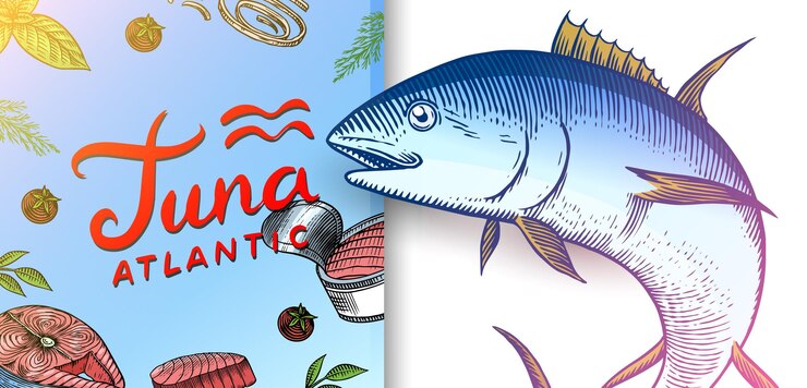 Vettore tonno frutti di mare bandiera pesci schizzo poster inchiostro retro stile pesce di fiume d'acqua dolce panino e in scatola