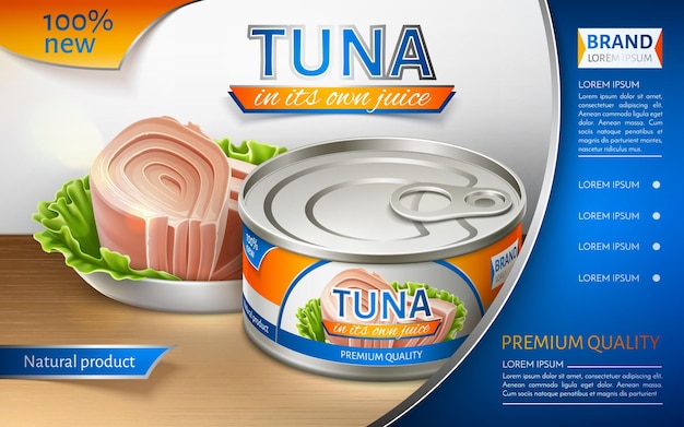 Tonno in scatola in lattina di ferro. Progettazione del pacchetto. Striscione pubblicitario. Illustrazione vettoriale realistico.