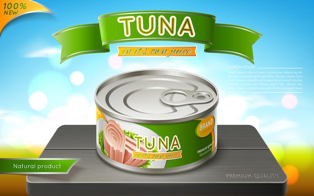 Tonno in scatola in una lattina di ferro Design della confezione Sfondo della natura Illustrazione vettoriale realistica