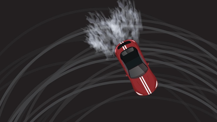 Vettore top view cartone animato piatto di un veicolo in corsa in curva